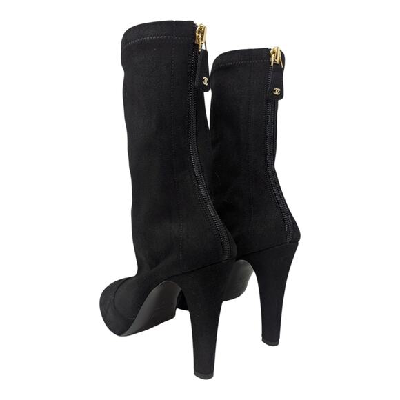 Chanel Stretch Suede High Heel Ankle Booties Black Interlocking CC Logo Gold 39 - Picture 7 of 10